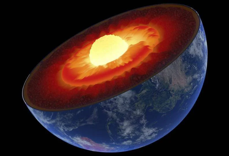 Ilustración 3D de la estructura interna de la Tierra seccionada, mostrando corteza, manto y núcleo incandescente.