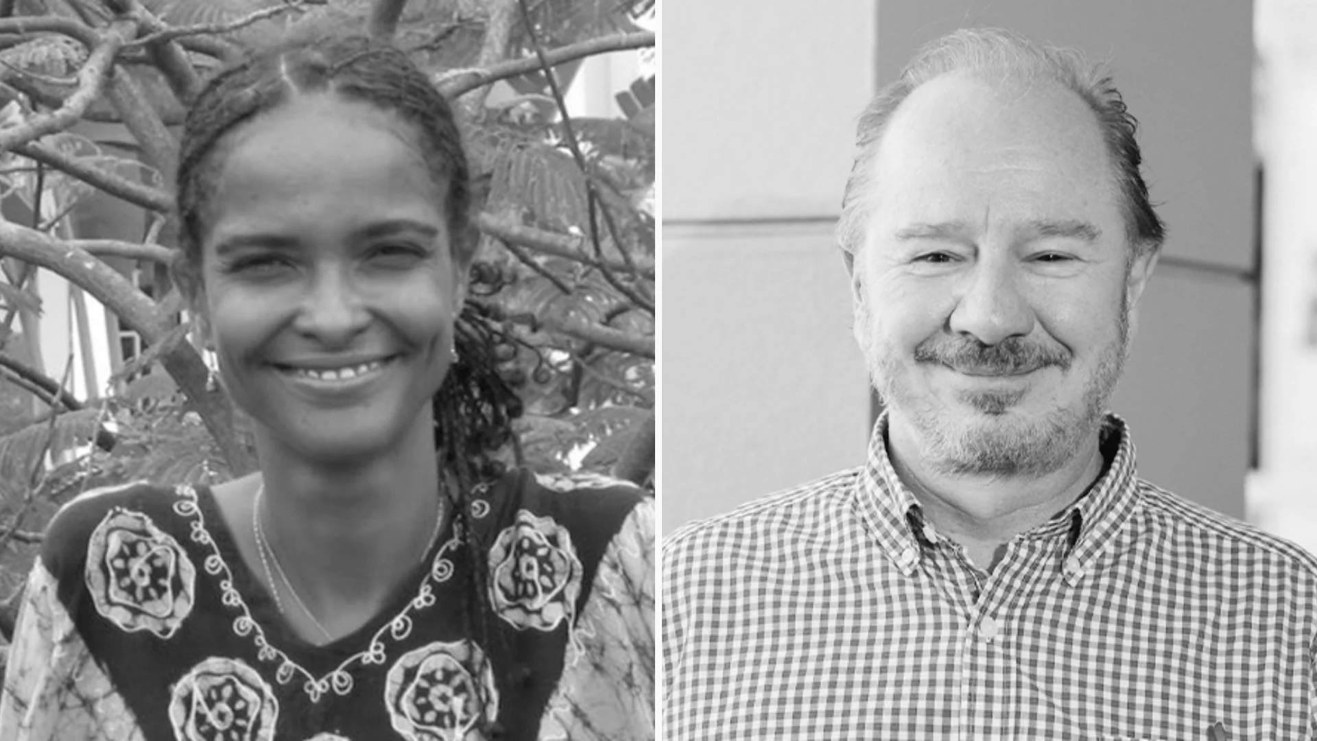 Retratos en blanco y negro de una mujer sonriente con trenzas y vestimenta tradicional, y un hombre de mediana edad con camisa a cuadros.