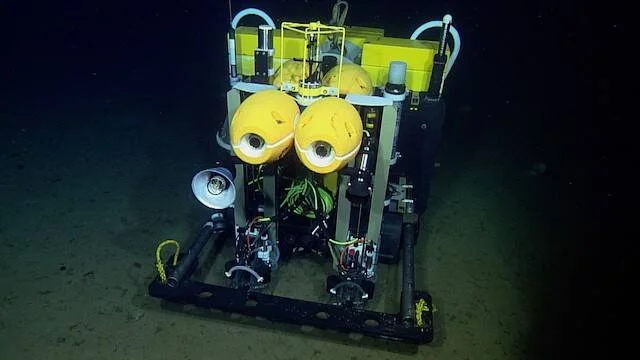 Vehículo operado remotamente (ROV) con flotadores amarillos y cámaras posado sobre el lecho marino oscuro.