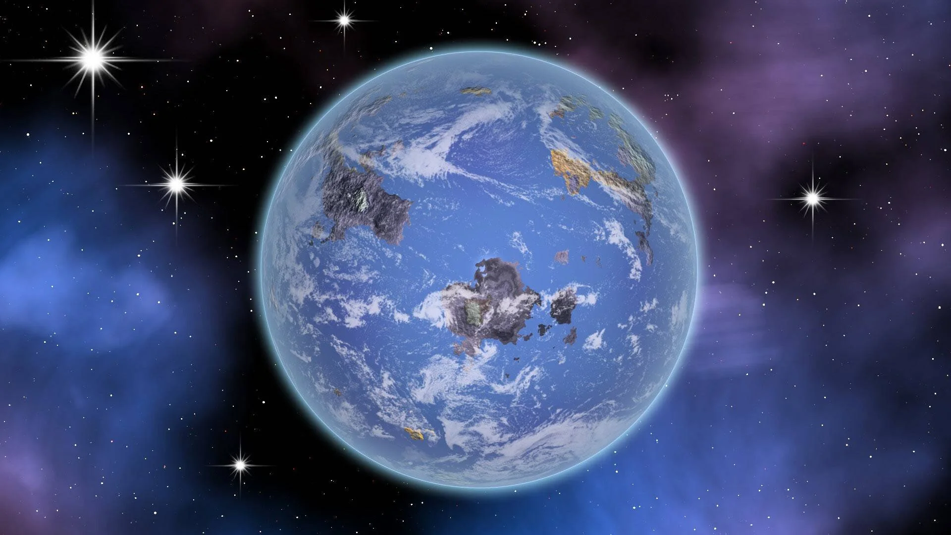 Ilustración digital de un planeta azul con continentes y nubes rodeado de estrellas y nebulosas en el espacio.