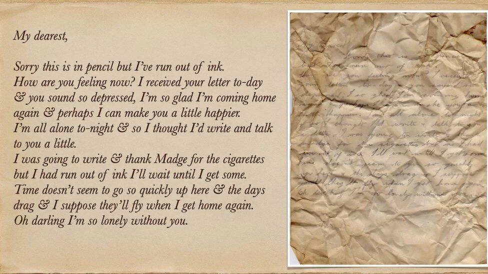 Transcripción de una carta manuscrita antigua que comienza 'My dearest' junto a la foto del papel original amarillento y arrugado.
