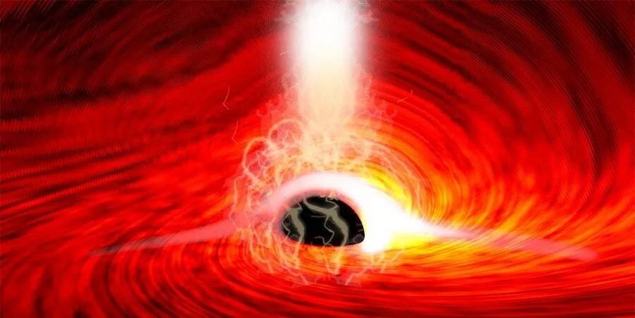 Representación artística de un agujero negro rodeado por un disco de acreción rojo y naranja con un chorro de luz emergiendo.