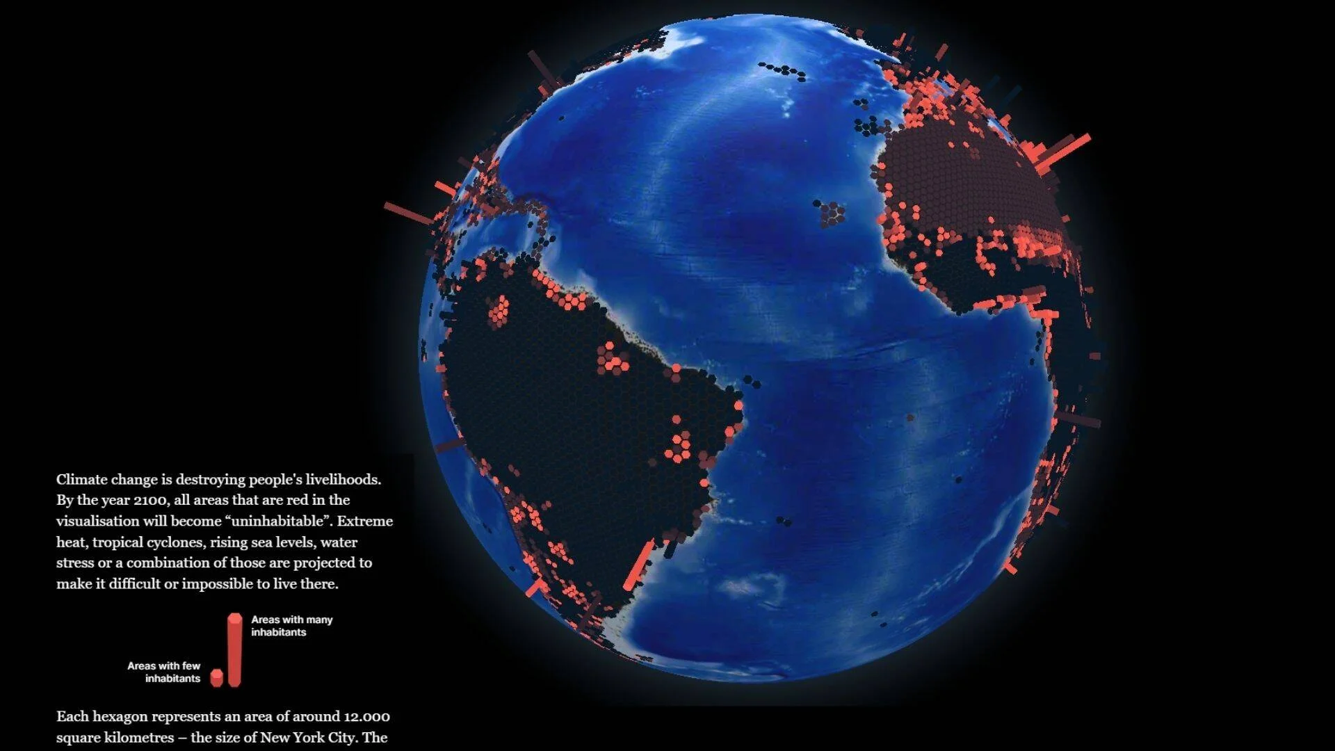 Mapa global en 3D que muestra en rojo las zonas proyectadas como inhabitables para el año 2100 debido al cambio climático.