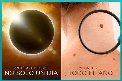 Infografía con dos imágenes: un eclipse solar con el texto 'Protégete del sol no sólo un día' y una lupa examinando un lunar con el texto 'Cuida tu piel todo el año'.