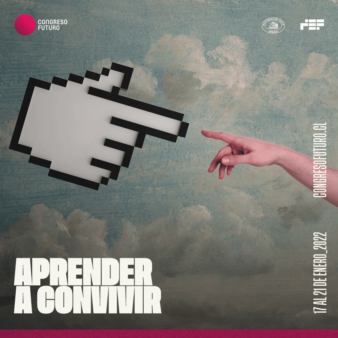 Afiche de Congreso Futuro 2022 con el lema 'Aprender a Convivir': cursor pixelado y mano humana casi tocándose, evocando la Creación de Adán.