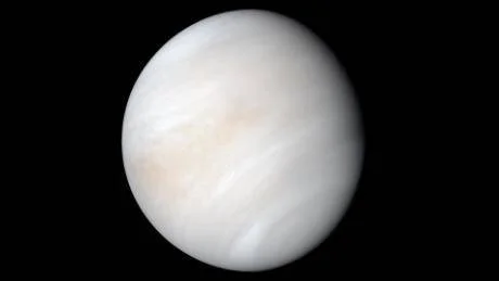 Vista del planeta Venus completamente envuelto en densas nubes blancas sobre fondo negro del espacio.