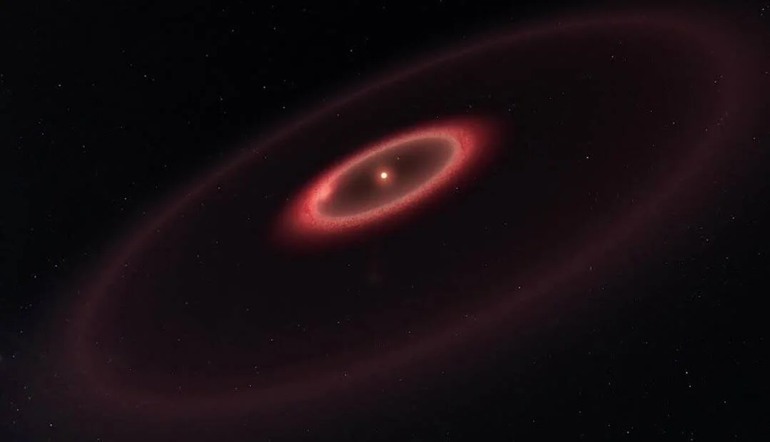 Recreación artística de una estrella rodeada por anillos concéntricos de polvo rojizo en el espacio profundo.