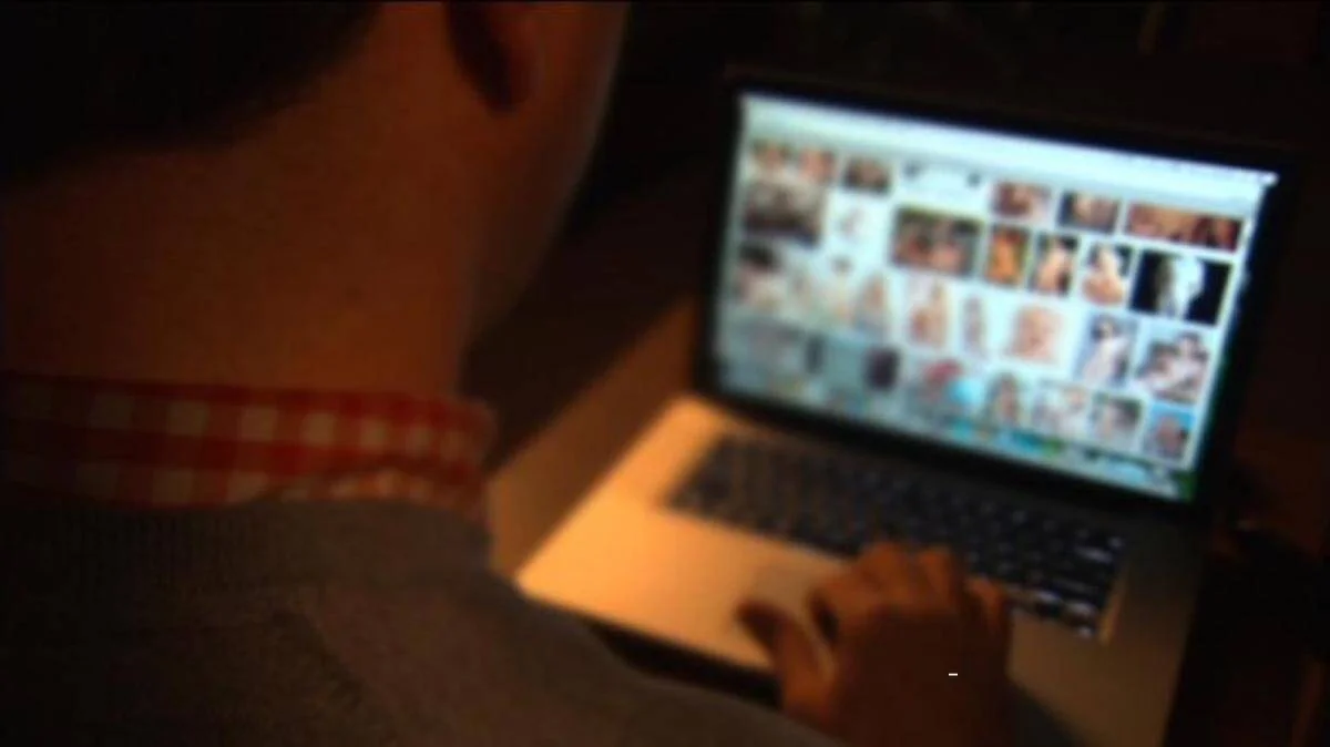 Una persona vista de espaldas navega en una laptop con contenido explícito en la pantalla, en un ambiente oscuro.