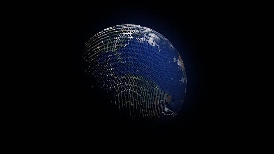Representación digital del planeta Tierra compuesta por bloques cúbicos sobre fondo negro, evocando tecnología y datos globales.