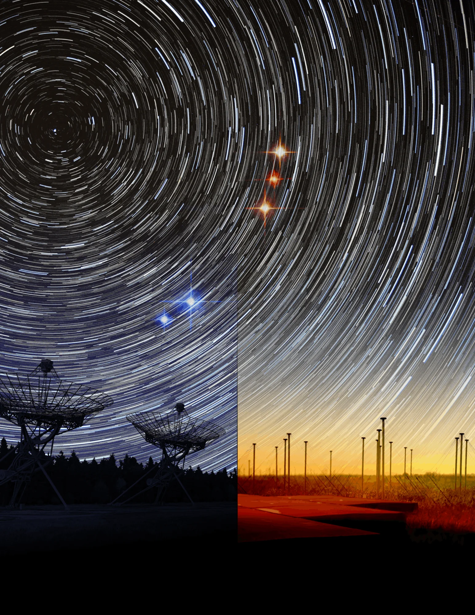 Composición de dos observatorios de radioastronomía bajo un cielo nocturno con rastros circulares de estrellas y fuentes de luz destacadas.