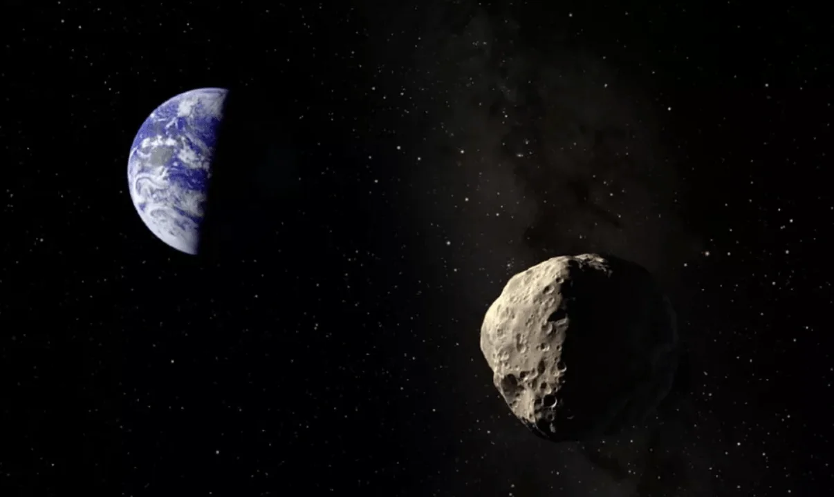 Ilustración artística de un asteroide rocoso aproximándose a la Tierra vista desde el espacio.