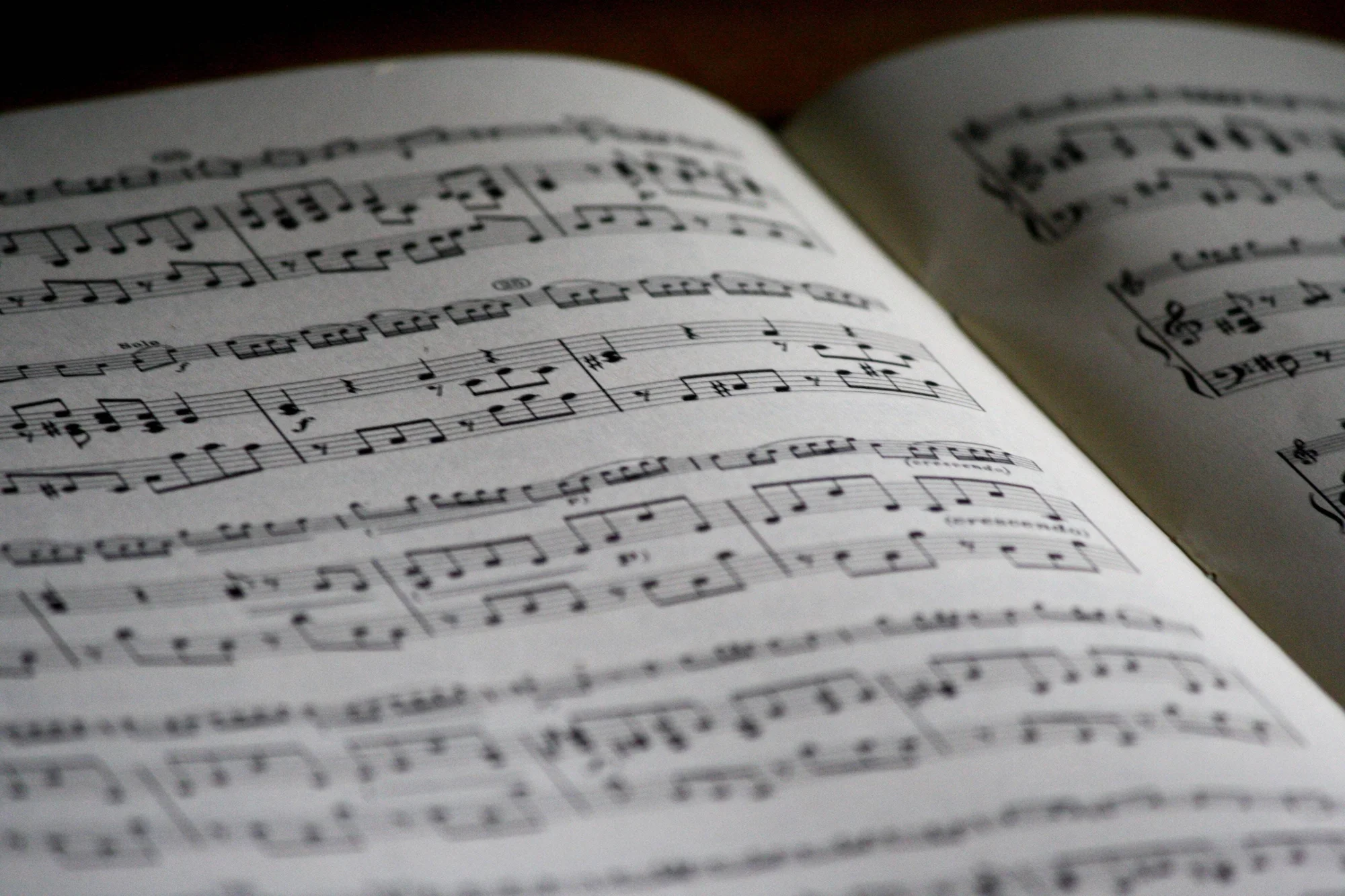 Libro de partituras abierto mostrando páginas con notación musical impresa en blanco y negro.