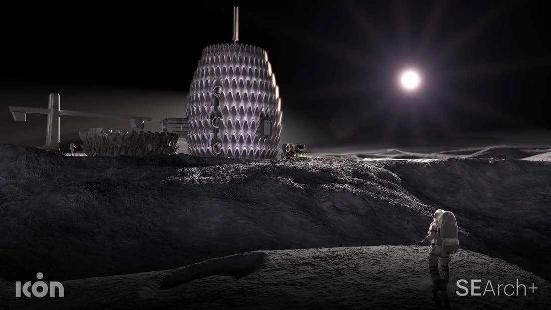 Ilustración conceptual de una base lunar con estructura ovalada texturizada, un astronauta en primer plano y el sol en el horizonte.