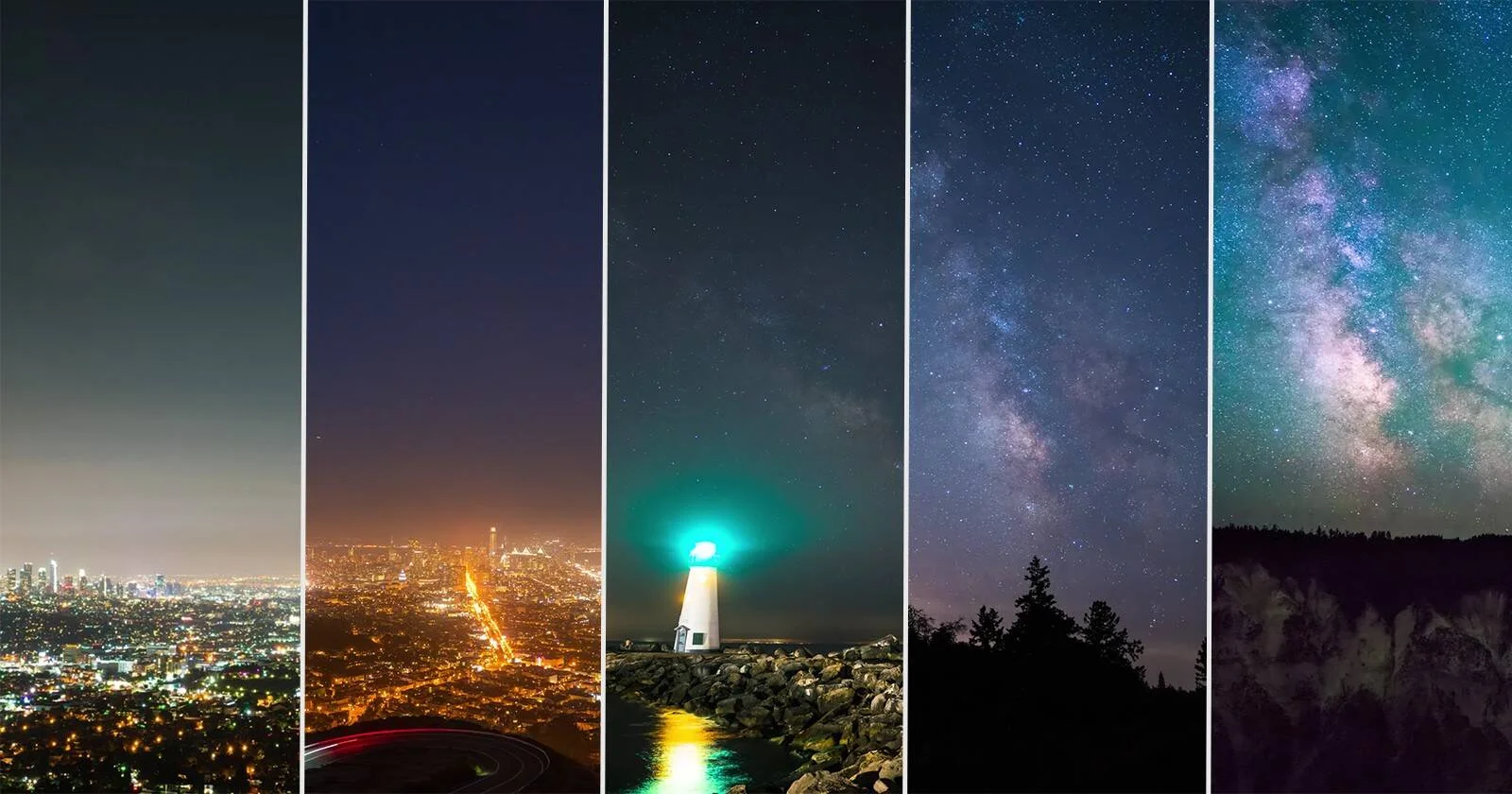 Cinco paneles muestran el cielo nocturno desde ciudad iluminada sin estrellas hasta cielo rural con la Vía Láctea visible, ilustrando el efecto de la contaminación lumínica.