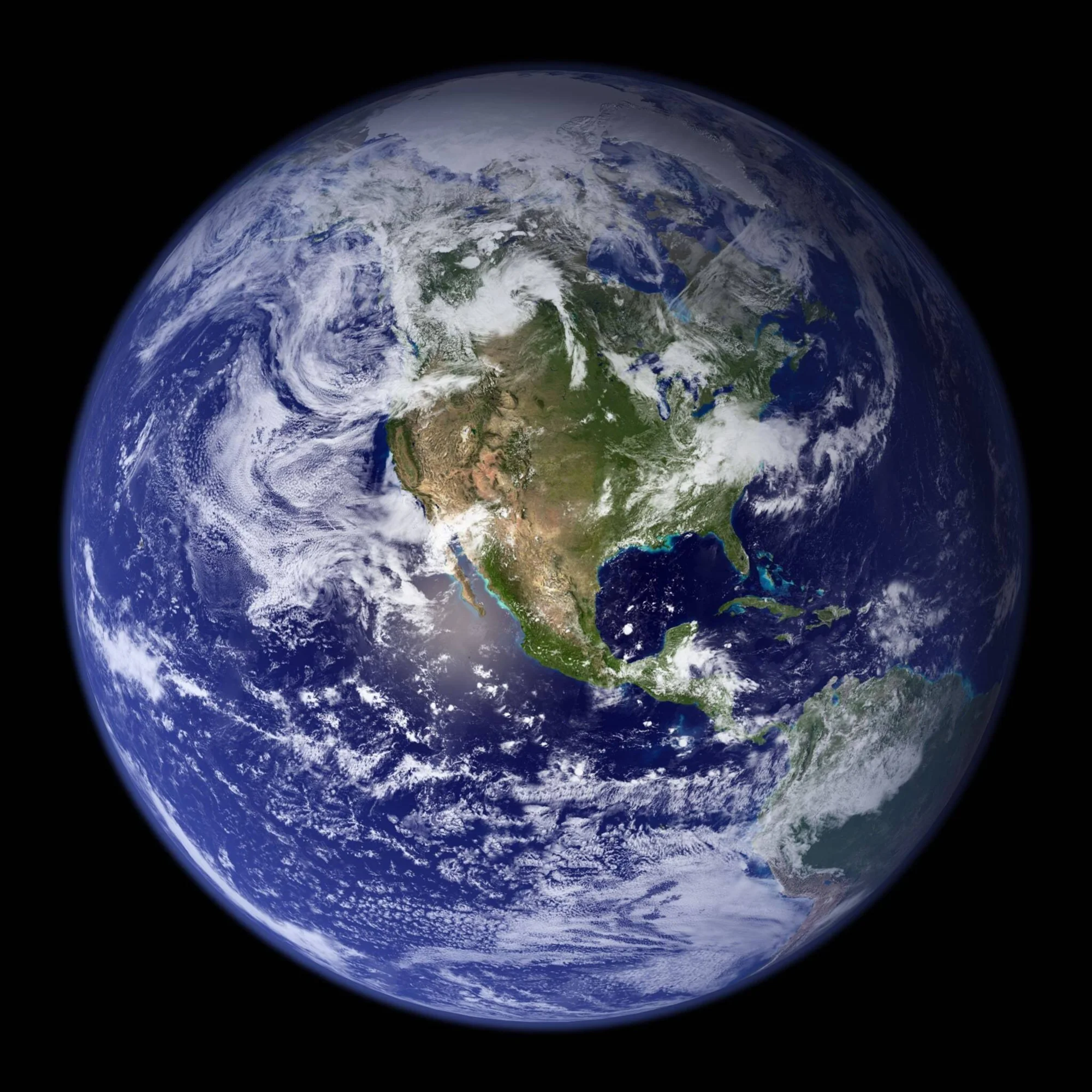 Vista satelital de la Tierra mostrando América del Norte, océanos azules y nubes blancas sobre fondo negro.