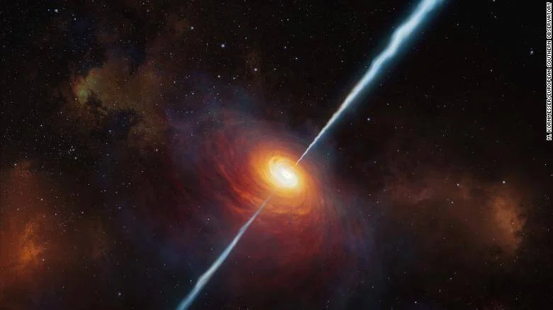 Recreación artística de un cuásar con un disco de acreción brillante y dos chorros de plasma opuestos en el espacio.