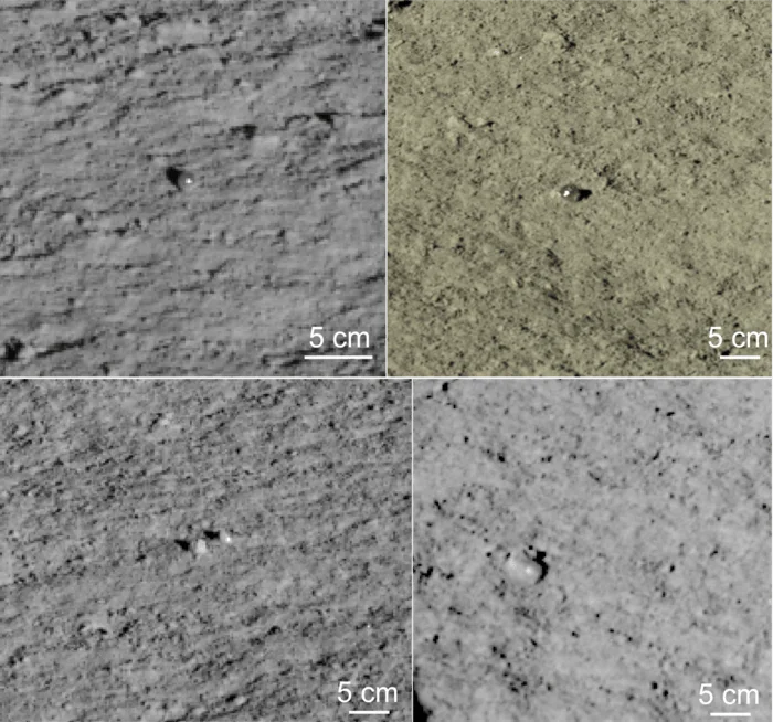 Cuatro imágenes comparativas de la superficie lunar con escala de 5 cm, mostrando texturas del suelo y pequeños fragmentos rocosos.