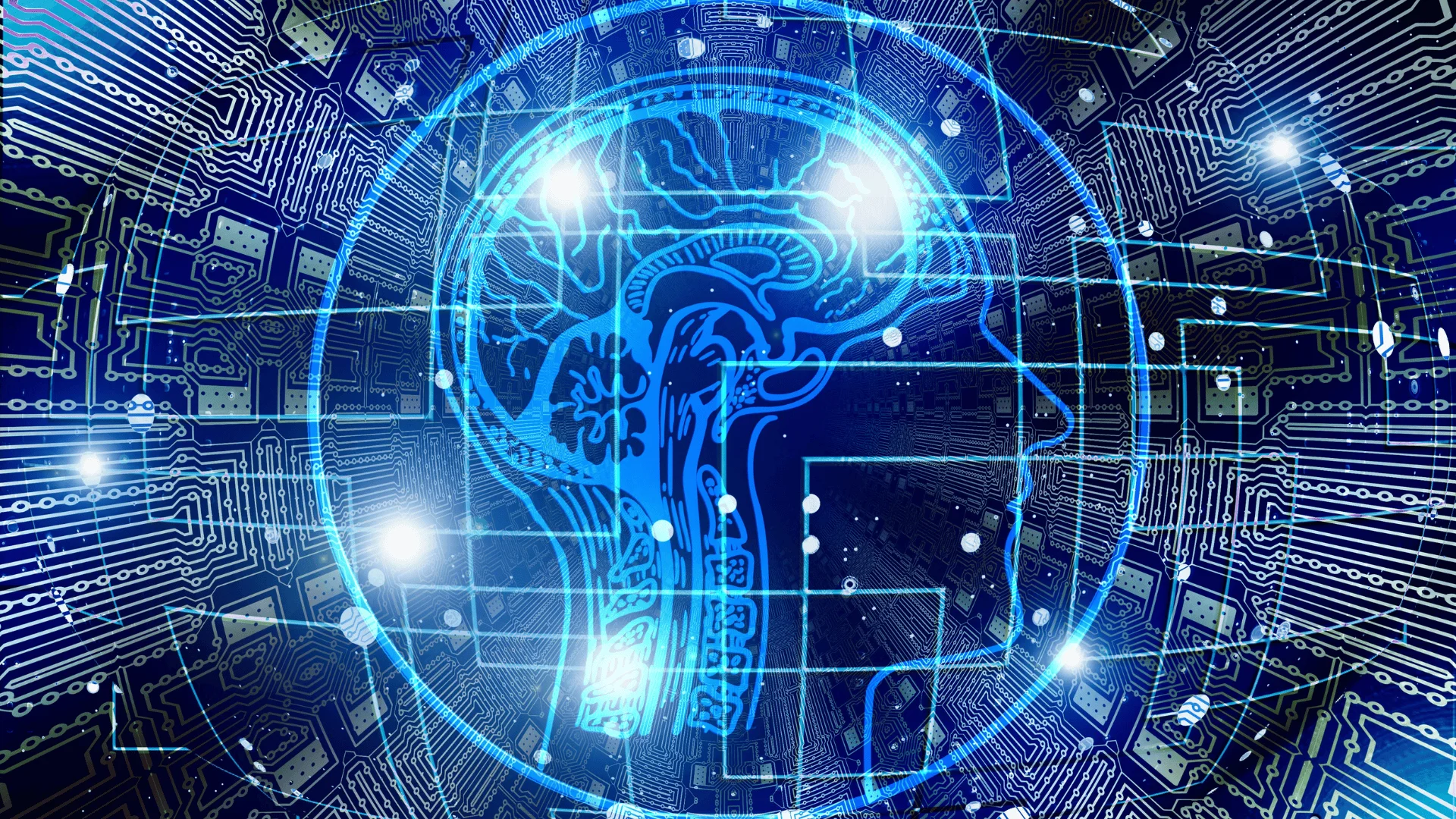 Ilustración digital de un cerebro humano integrado en circuitos electrónicos, simbolizando la inteligencia artificial.