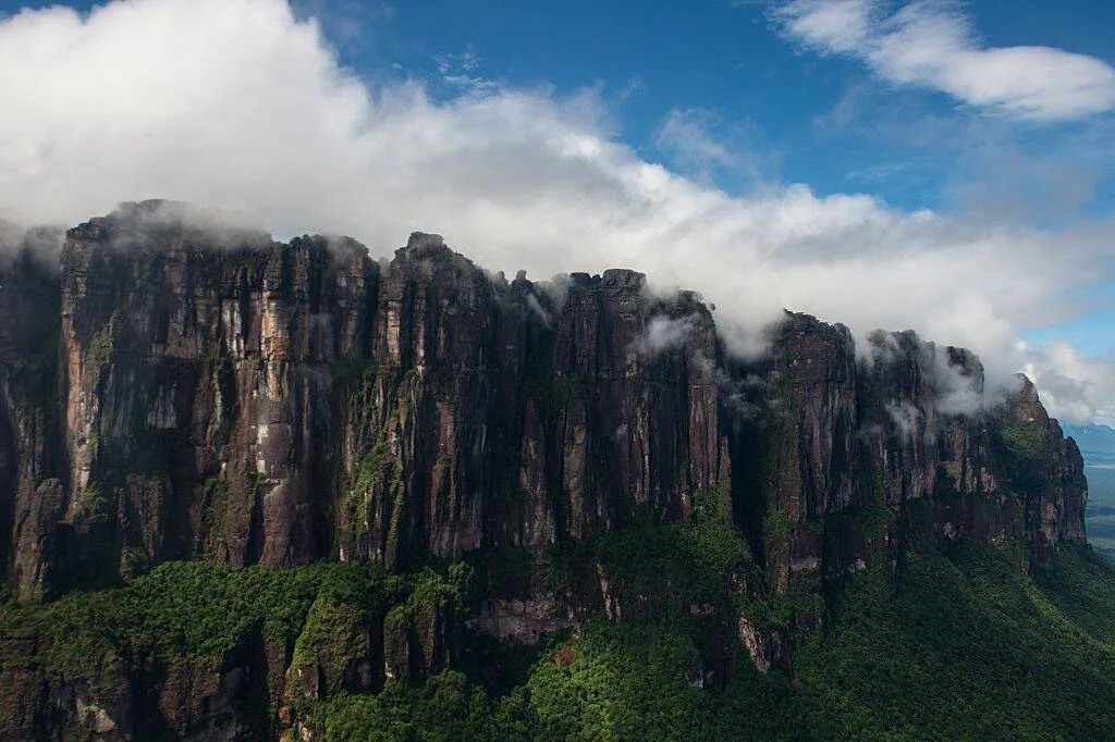 Acantilados verticales de un tepuy cubiertos de nubes bajas y vegetación tropical densa en su base.