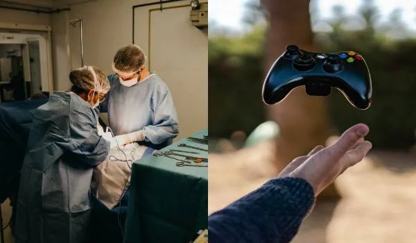 Dos cirujanos operando en un quirófano junto a imagen de una mano lanzando un control de videojuegos al aire.