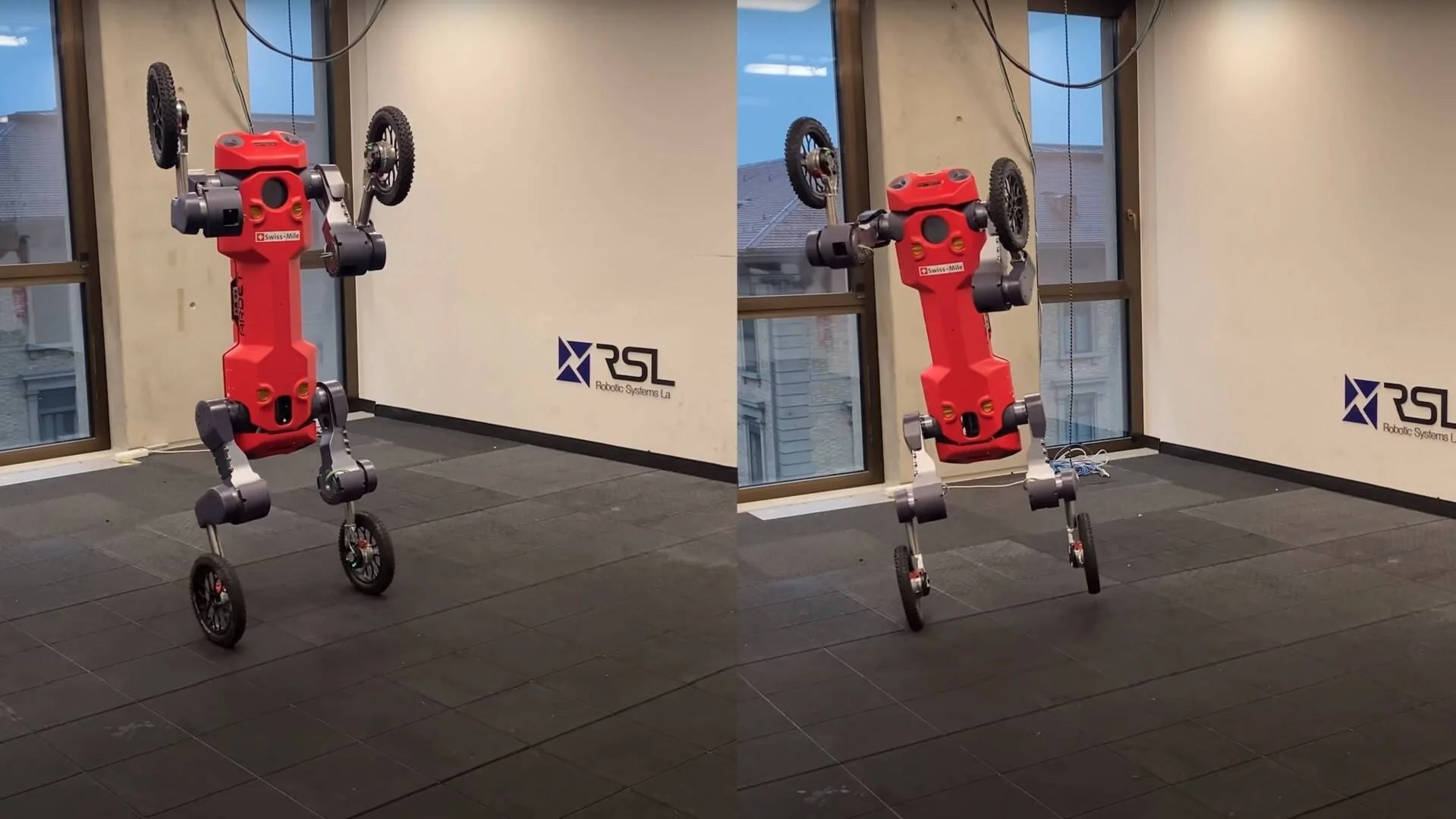 Robot rojo con patas y ruedas de Swiss-Mile equilibrándose en dos ángulos distintos en el laboratorio RSL.