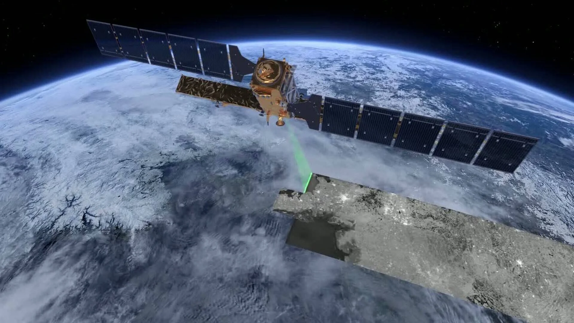 Ilustración de un satélite de observación de la Tierra emitiendo un haz láser verde hacia la superficie del planeta desde su órbita.