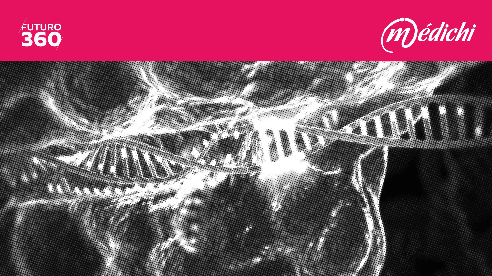 Representación gráfica en blanco y negro de cadenas de ADN con efecto halftone, junto a los logos de Futuro 360 y Médichi.