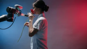 Un brazo robótico ofrece una flor roja a una mujer que la huele, simbolizando la interacción entre humanos e inteligencia artificial.
