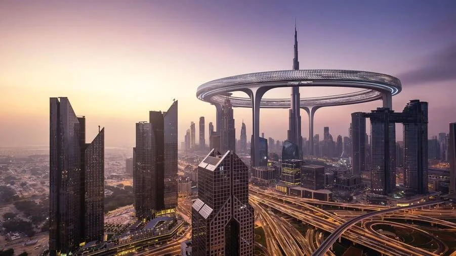 Render conceptual de una estructura circular flotante sobre un skyline urbano al atardecer, con rascacielos y autopistas iluminadas.