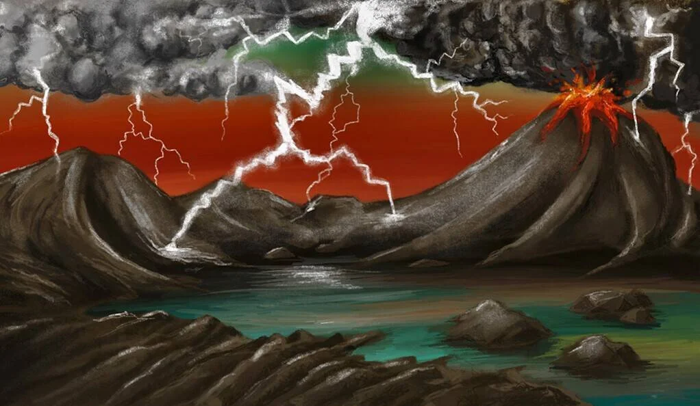 Ilustración artística de la Tierra primitiva con un volcán en erupción, rayos, cielo rojizo y un lago rodeado de rocas.