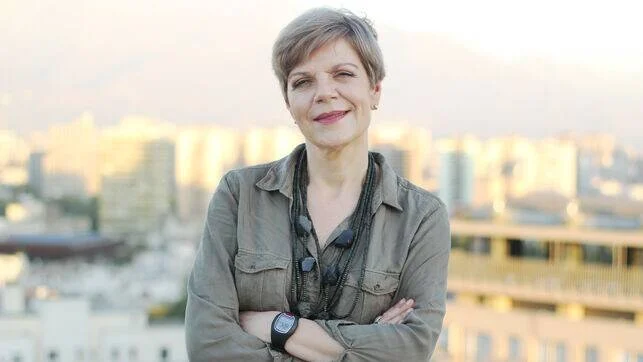 Mujer de cabello corto canoso, con camisa verde y brazos cruzados, sonríe frente a un paisaje urbano al atardecer.