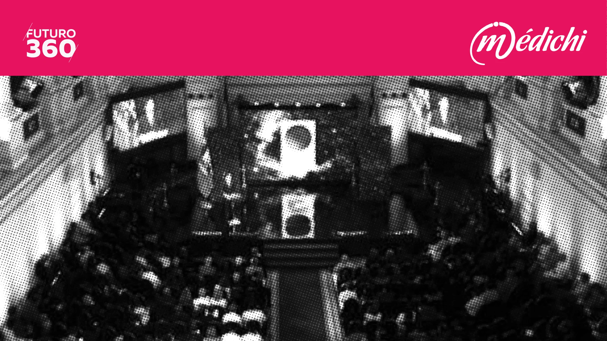 Vista aérea en blanco y negro de edificios urbanos, con banda superior en fucsia con los logos de Futuro 360 y Médichi.