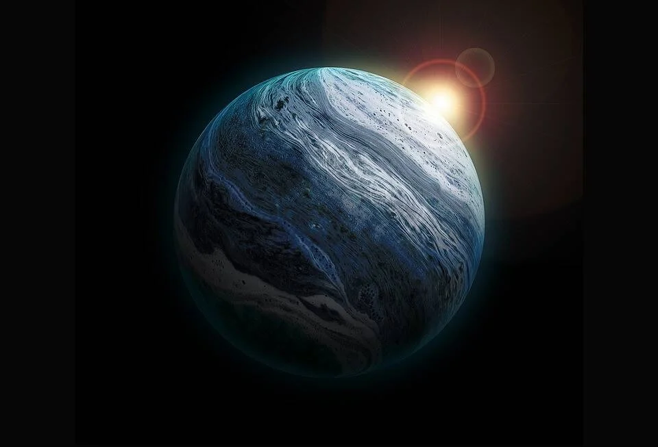 Representación artística de un planeta gaseoso azul con bandas de nubes, iluminado por una estrella en el fondo oscuro del espacio.