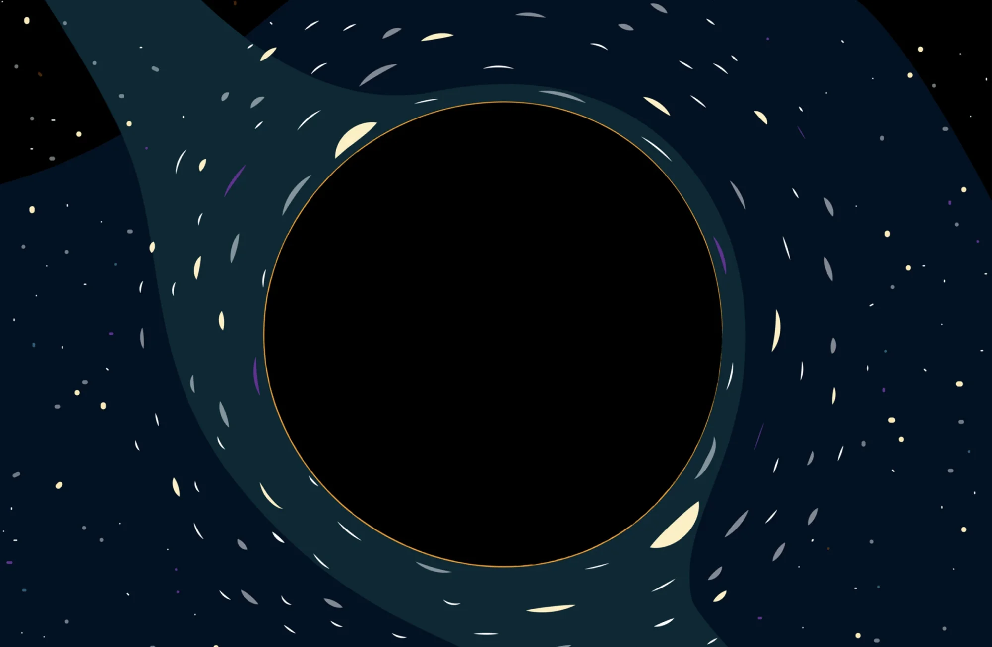 Ilustración estilizada de un agujero negro rodeado de un disco de acreción y estrellas dispersas en el espacio.