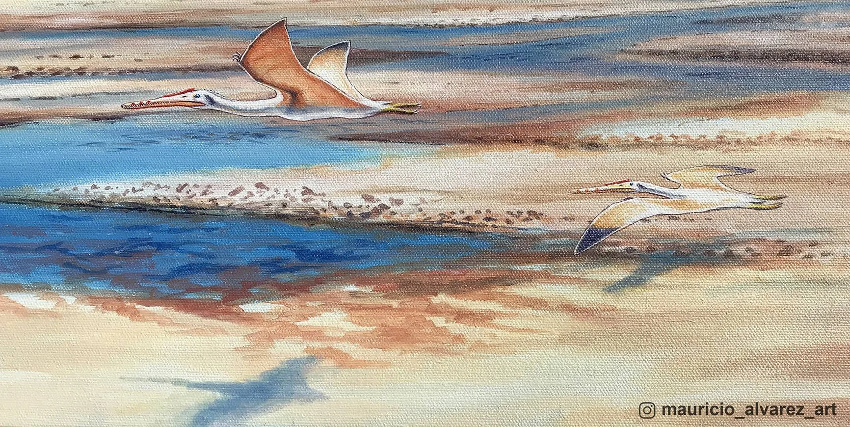 Pintura que muestra dos pterosaurios volando sobre una costa arenosa y aguas azules en un paisaje prehistórico.