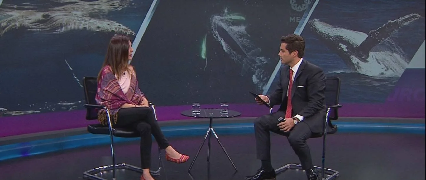 Periodista entrevista a una mujer en un estudio de televisión con imágenes de ballenas de fondo.