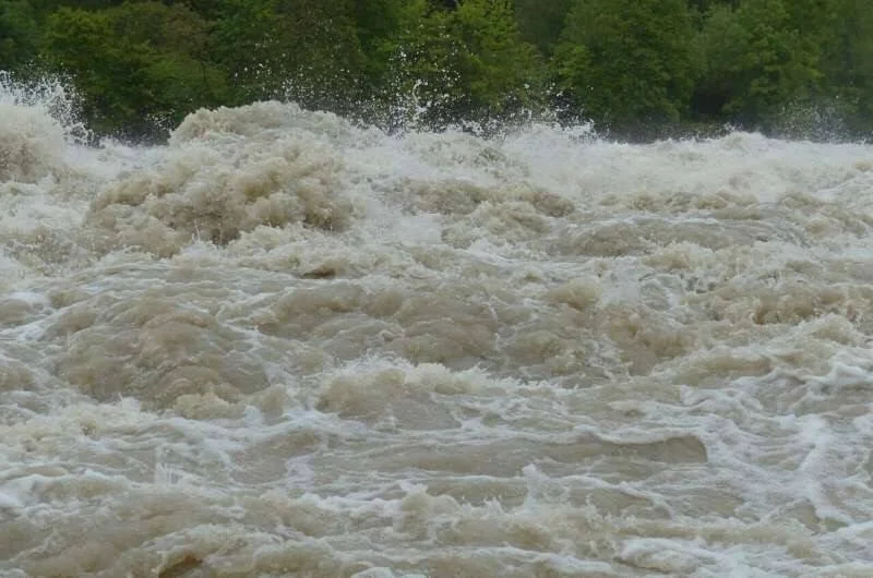 Río desbordado con aguas marrones turbulentas y espuma, rodeado de vegetación verde, indicando una crecida severa.