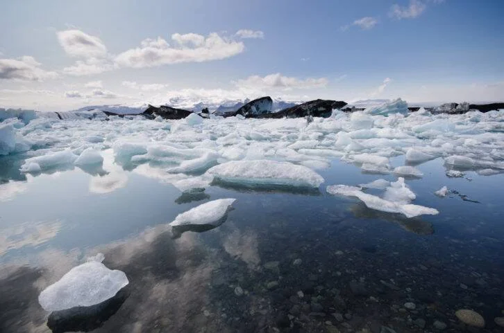 Numerosos trozos de hielo flotando en aguas tranquilas de una laguna glaciar bajo un cielo parcialmente nublado.