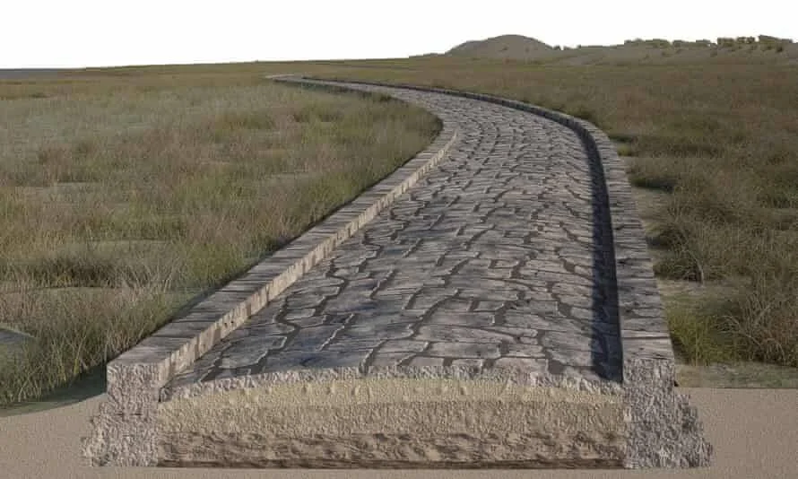 Ilustración en 3D que muestra el corte transversal y la superficie de una calzada romana empedrada que atraviesa una llanura herbácea.