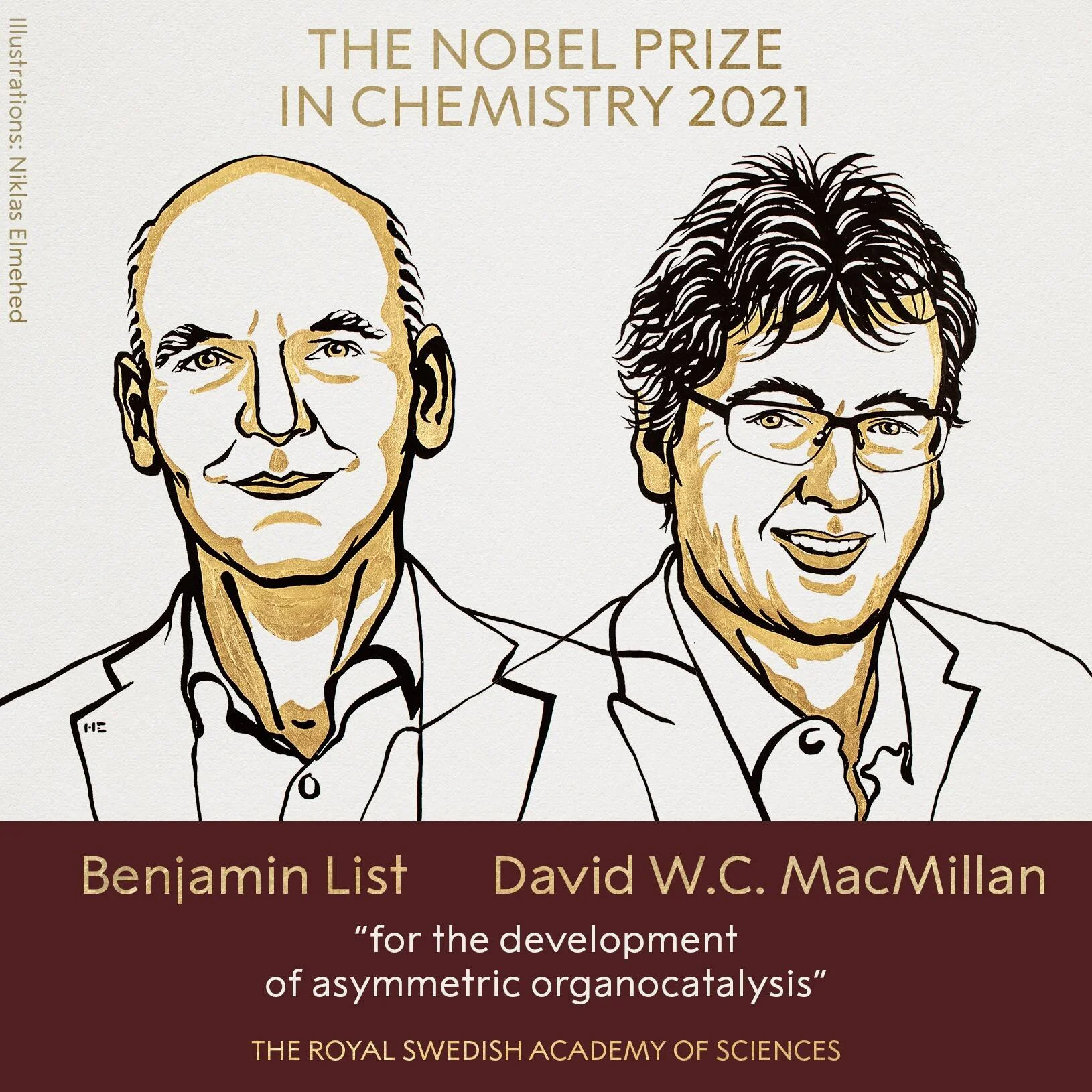 Ilustración oficial de Benjamin List y David W.C. MacMillan, ganadores del Premio Nobel de Química 2021 por el desarrollo de la organocatálisis asimétrica.