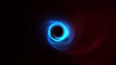 Representación visual de un agujero negro rodeado por un disco de materia luminosa en tonos azul y rojo sobre fondo oscuro.