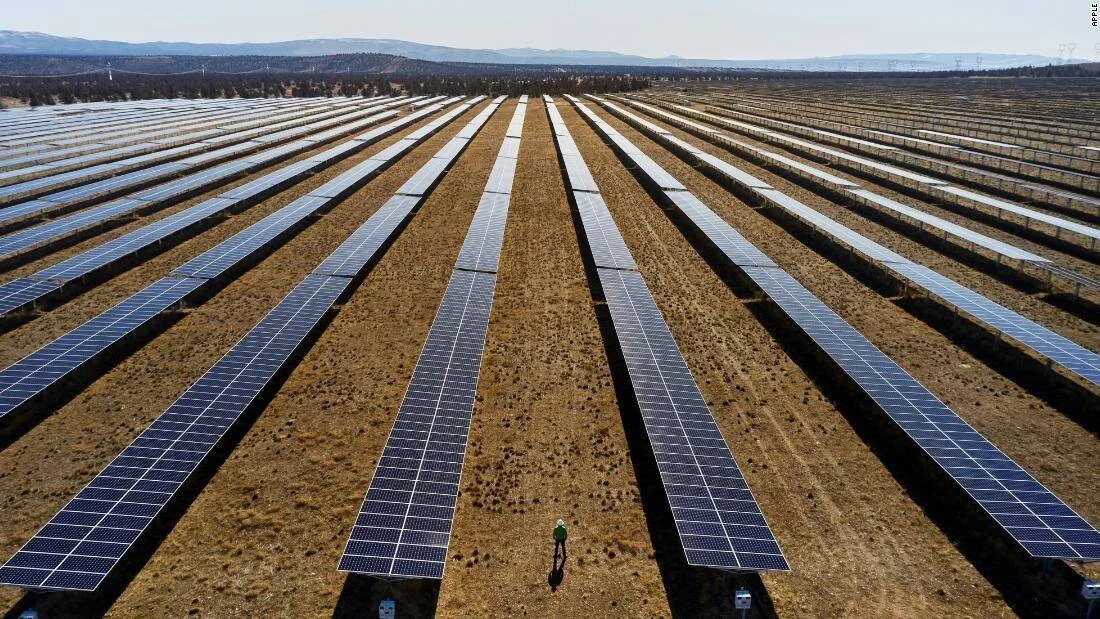 Vista aérea de una extensa granja solar con filas de paneles fotovoltaicos y una persona de pie entre ellos.