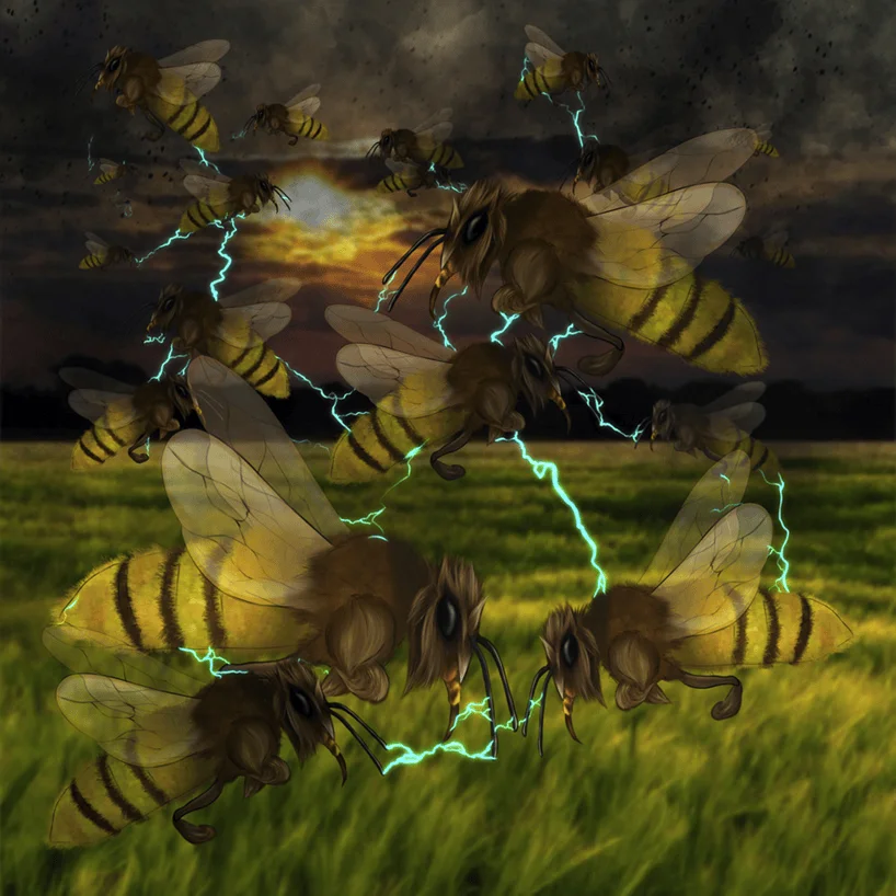 Ilustración de abejas gigantes de aspecto monstruoso volando en círculo con rayos eléctricos sobre un campo al atardecer.
