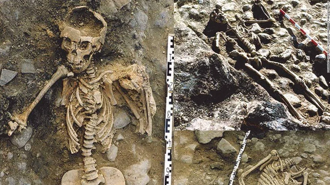 Tres fotografías de excavación arqueológica muestran esqueletos humanos completos y huesos dispersos junto a reglas de medición.