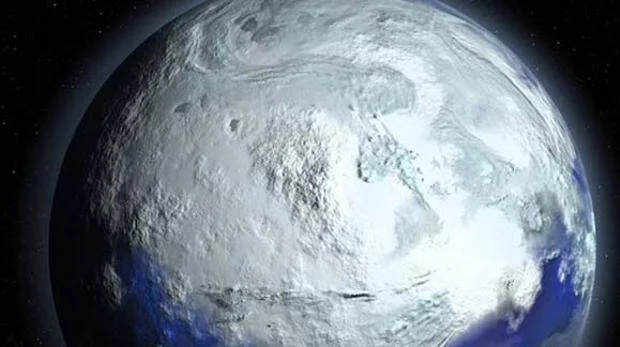 Representación artística de la Tierra cubierta casi en su totalidad por hielo, vista desde el espacio.