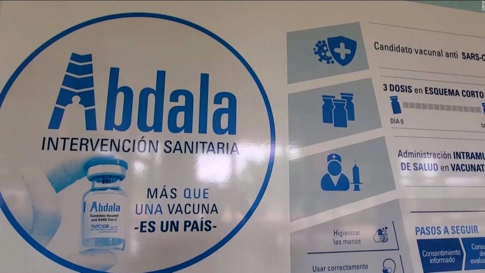 Cartel promocional de la vacuna cubana Abdala contra el SARS-CoV-2, con el lema 'Más que una vacuna, es un país' e instrucciones de vacunación.