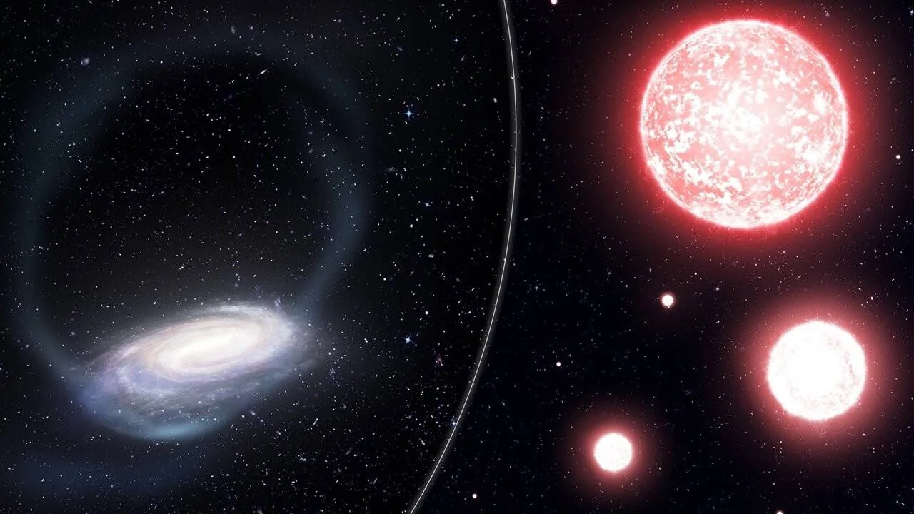 Ilustración artística que muestra una galaxia espiral con halo estelar junto a varias estrellas gigantes rojas de distintos tamaños.