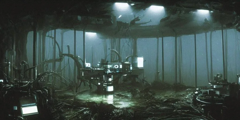 Ilustración de ciencia ficción de un laboratorio sombrío invadido por raíces orgánicas y maquinaria iluminada tenuemente.