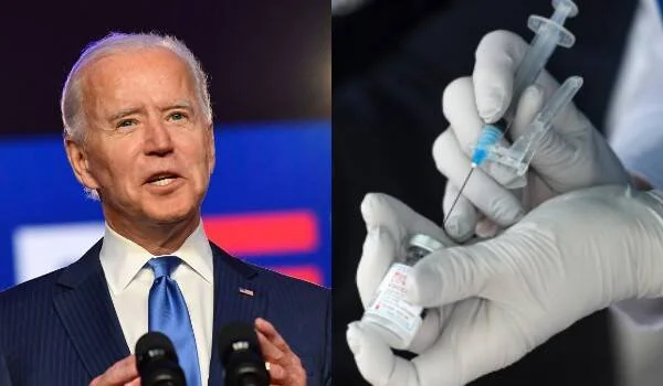 Joe Biden hablando en un podio junto a imagen de manos con guantes sosteniendo una jeringa y frasco de vacuna.