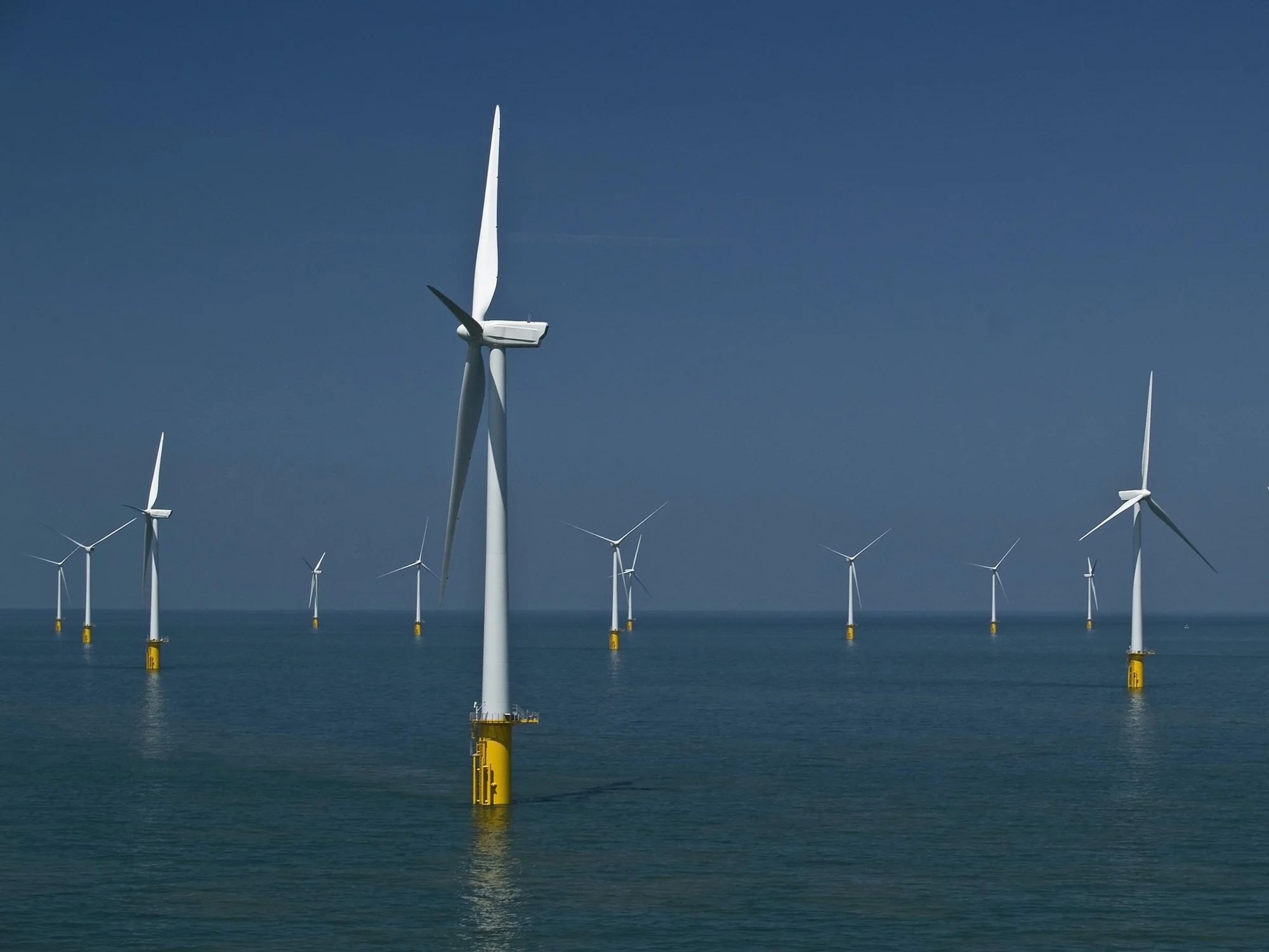 Conjunto de aerogeneradores marinos de bases amarillas instalados en el mar bajo un cielo azul despejado.